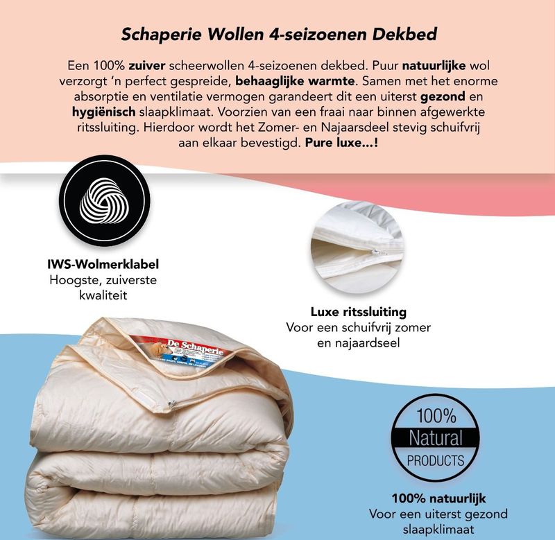 De Schaperie - Luxe 4-Seizoenen - Dekbed - 100% IWS Zuiver Scheerwol - 140x200 cm