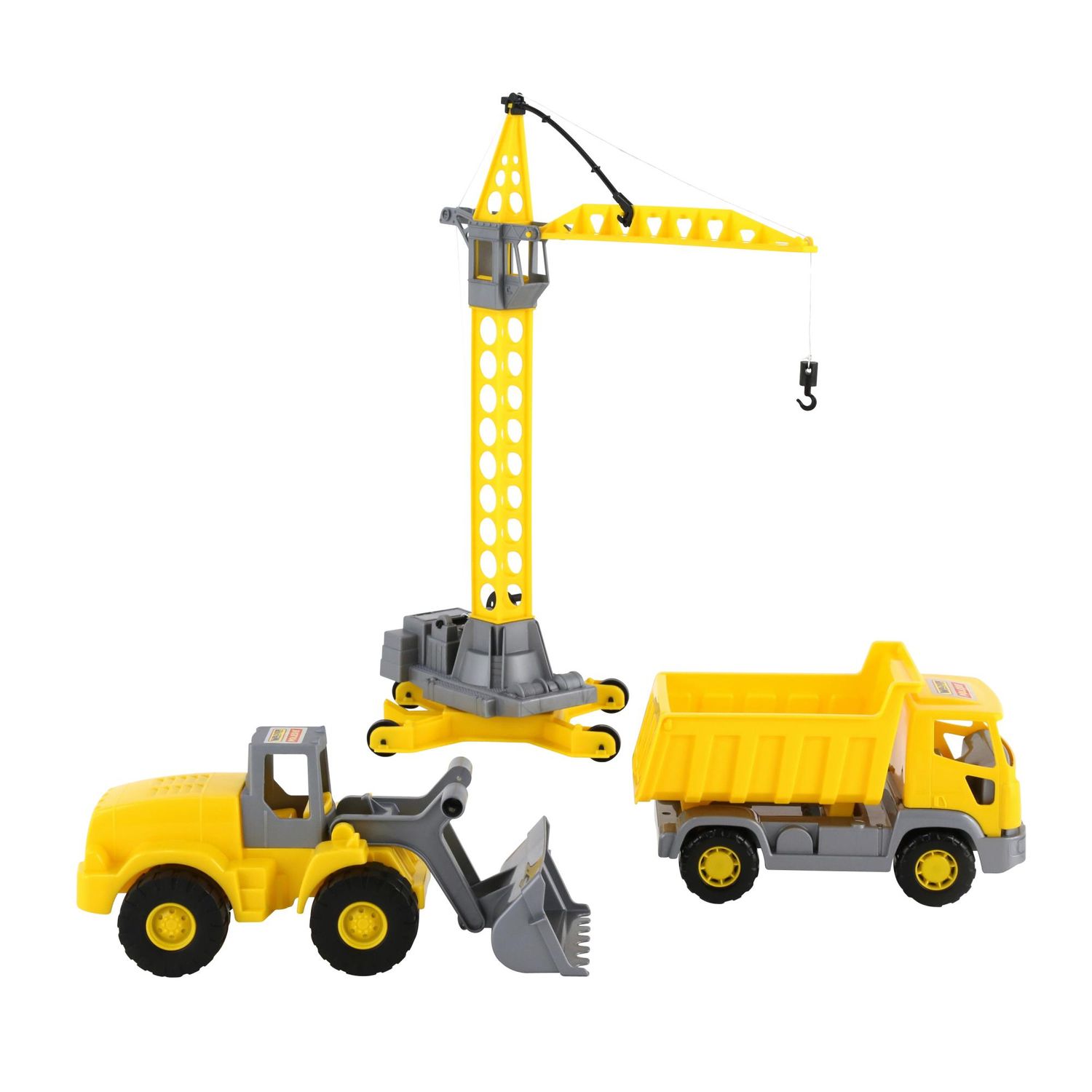 Polesie 57150 Baumaschinen 3-er Set, Kran, Radlader, LKW, Kunststoff, ab 3 Jahre in gelb