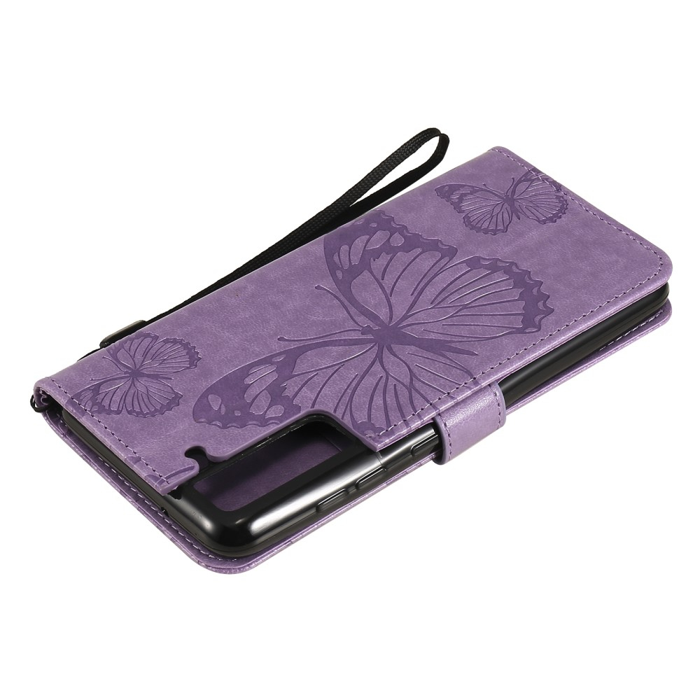 Samsung Galaxy S21 FE 5G Leder Tasche mit Kartenfach   Handschlaufe Schmetterling - Lila