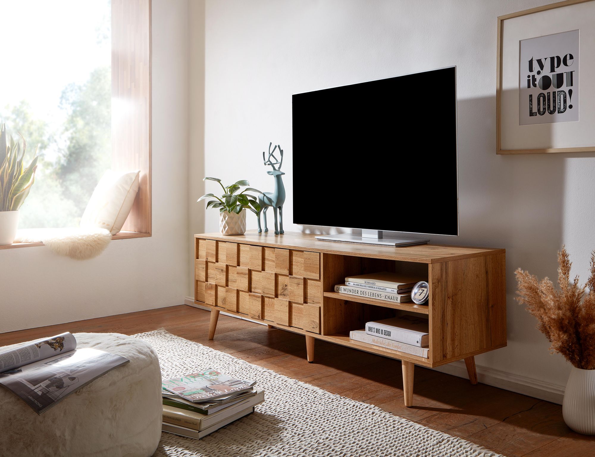 KADIMA DESIGN Eichen-Dekor Lowboard, TV-Unterschrank, Aufbewahrung, bis 70-Zoll TV