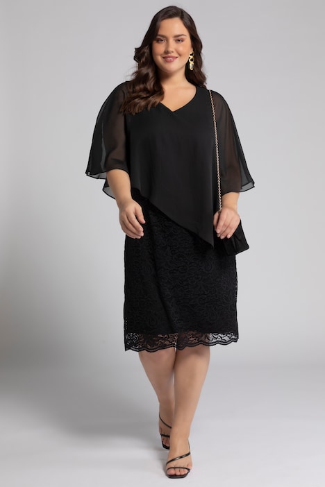 Abendkleid, Chiffon-Cape, Jersey, Spitzensaum, 3/4-Arm
