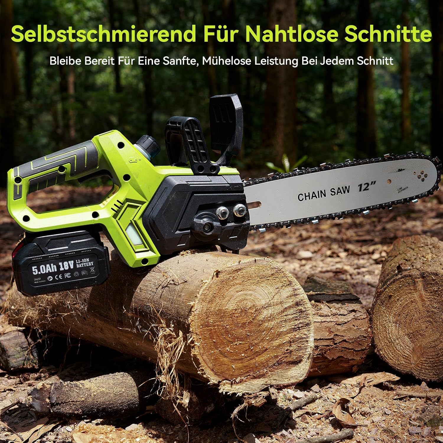 Akku Kettensäge 12 Zoll, Elektro Kettensäge 10000mAh, 1200W Bürstenloser Motor, Automatische Kettenschmierung, Werkzeuglose Kettenspannung, 30cm Schwertlänge, Ideal für Brennholz & Baum