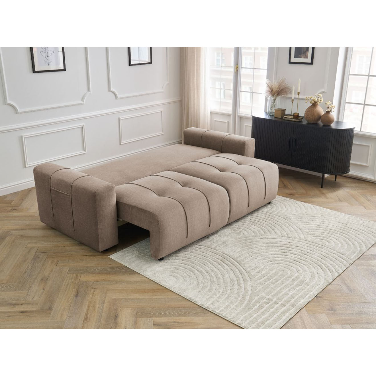 Bobochic Canapé droit convertible en Velours 3 places Arsène avec coffre taupe - 248x105x90 cm