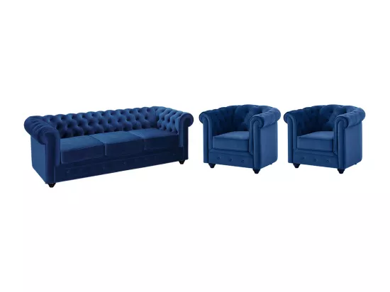 Canapé 3 places et 2 fauteuils CHESTERFIELD - Velours bleu roi