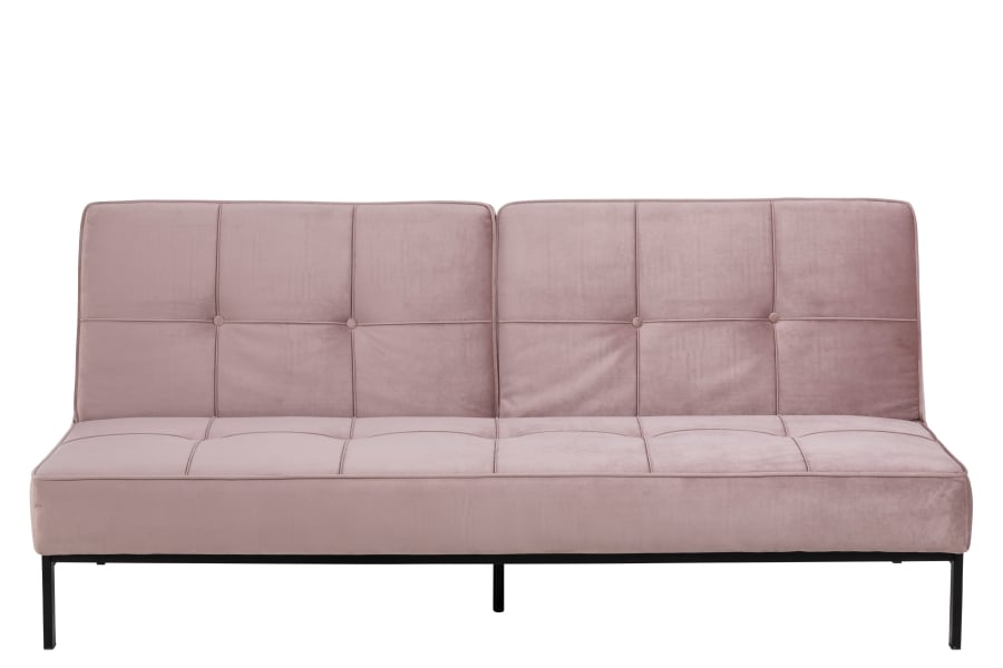 Perugia sovesofa I velurtekstil Vic rosa og sorte metallben.