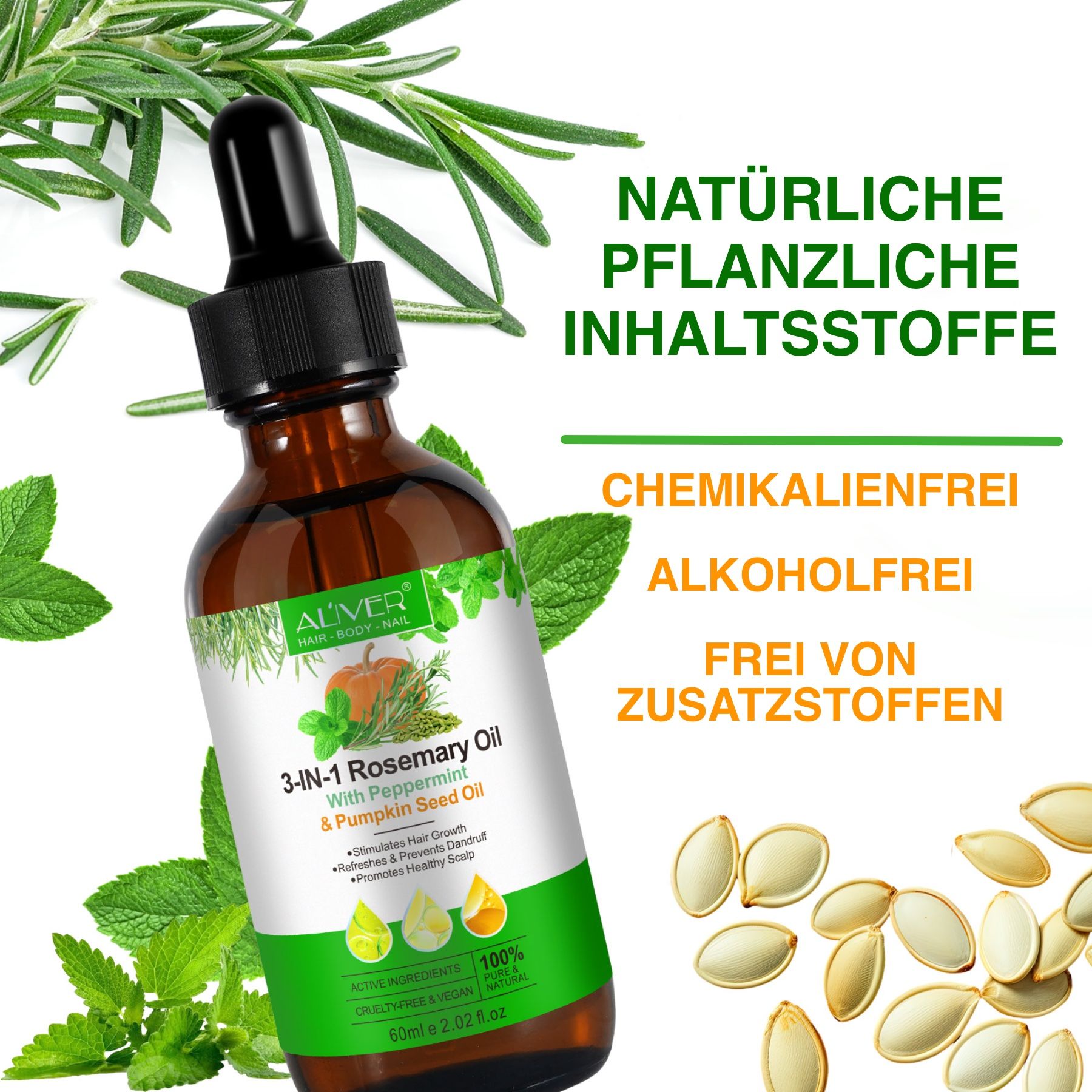 ALIVER 3-in-1 Rosmarinöl Pfefferminz Kürbiskern Haaröl für Haarwachstum
