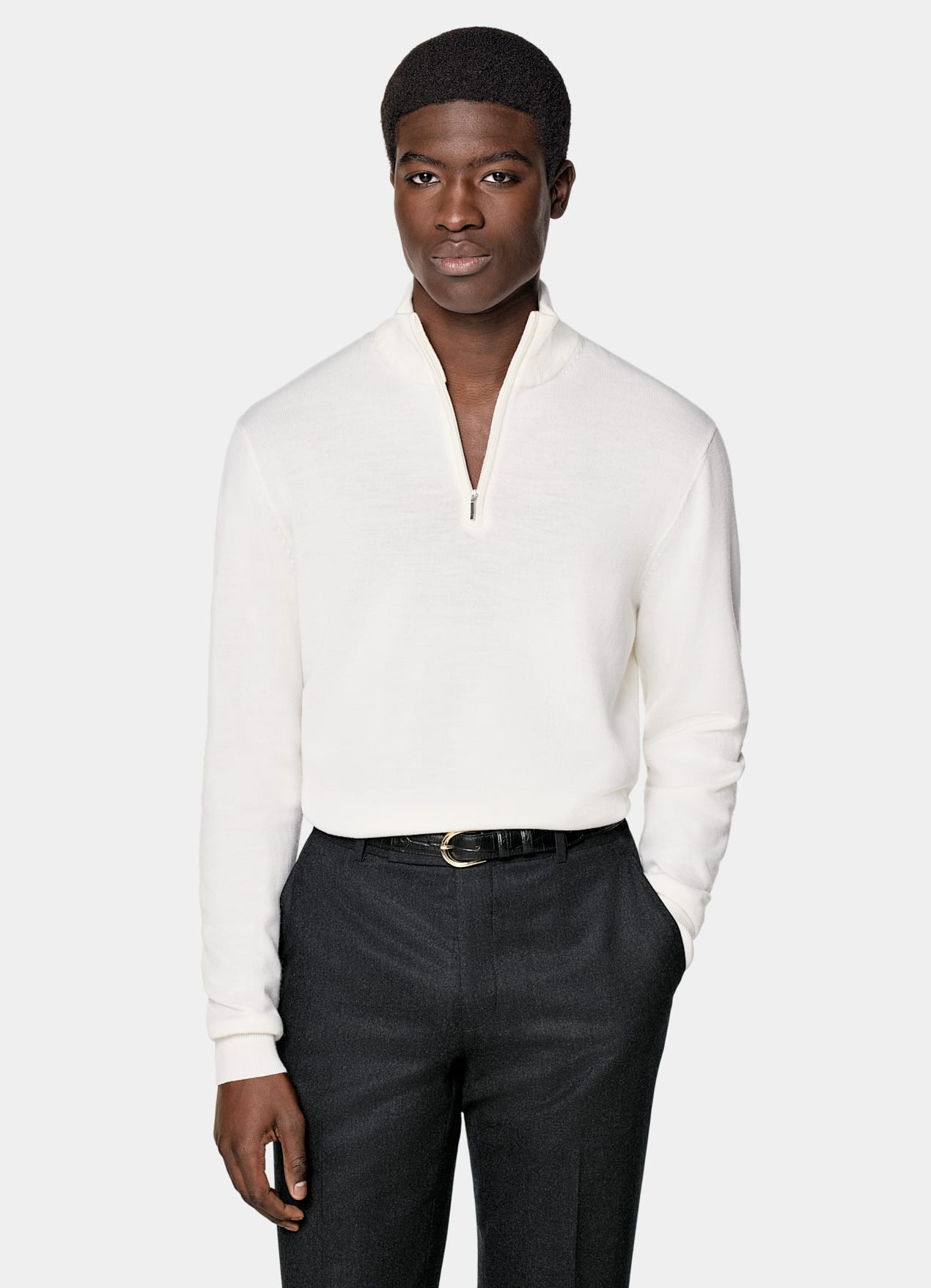 Pull semi-zippé Merino blanc cassé