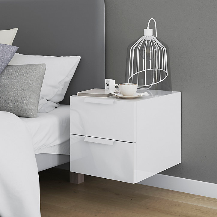 Table de chevet blanche 2 tiroirs GoodHome Atomia H. 37,5 x L. 37,5 x P. 45 cm