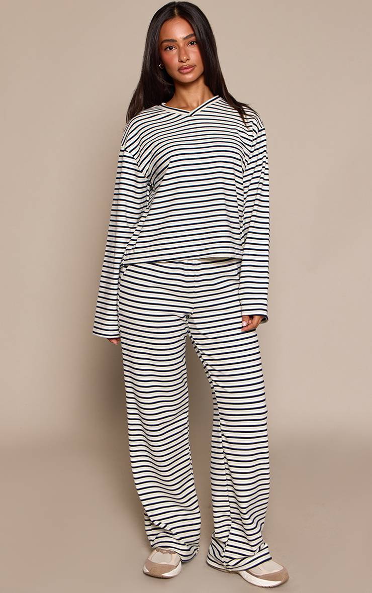 Crème Jogging Large À Rayures Avec Cordon De Serrage En Tissu Doux Petite Taille