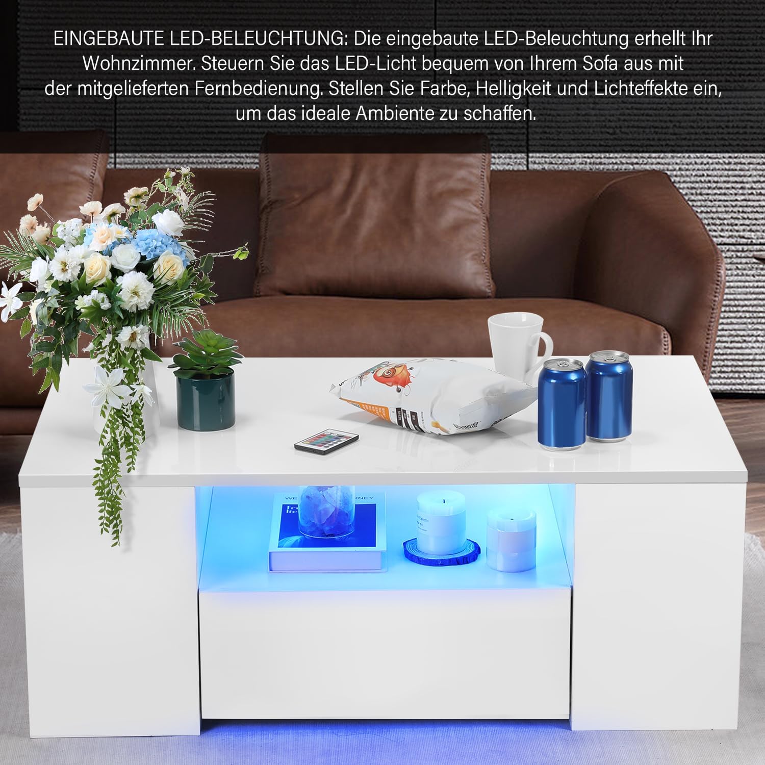 Couchtisch mit LED-Beleuchtung, Modern Sofatisch Wohnzimmertisch mit 2 Schublade, 100x55x37cm