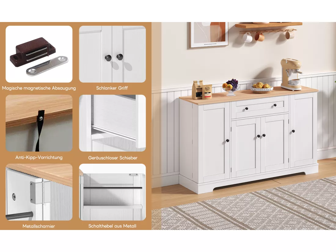 Buffet de cuisine avec 4 portes et 1 tiroir - 138 x 40 x 85 cm - Bois MDF - Tablettes réglables - Naturel + blanc