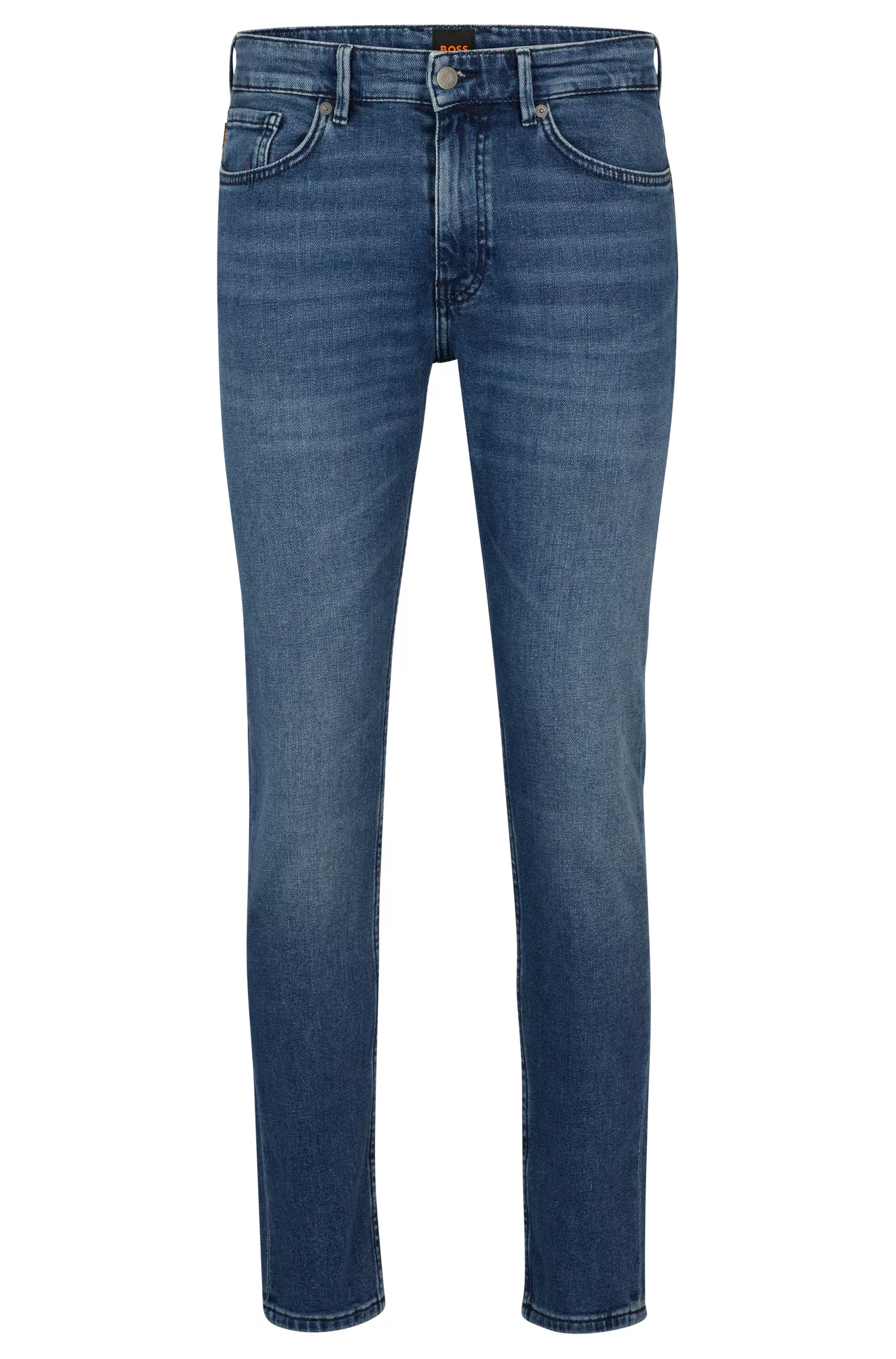 Calça jeans BOSS laranja, corte slim, em denim confortável e elástico na cor azul médio.