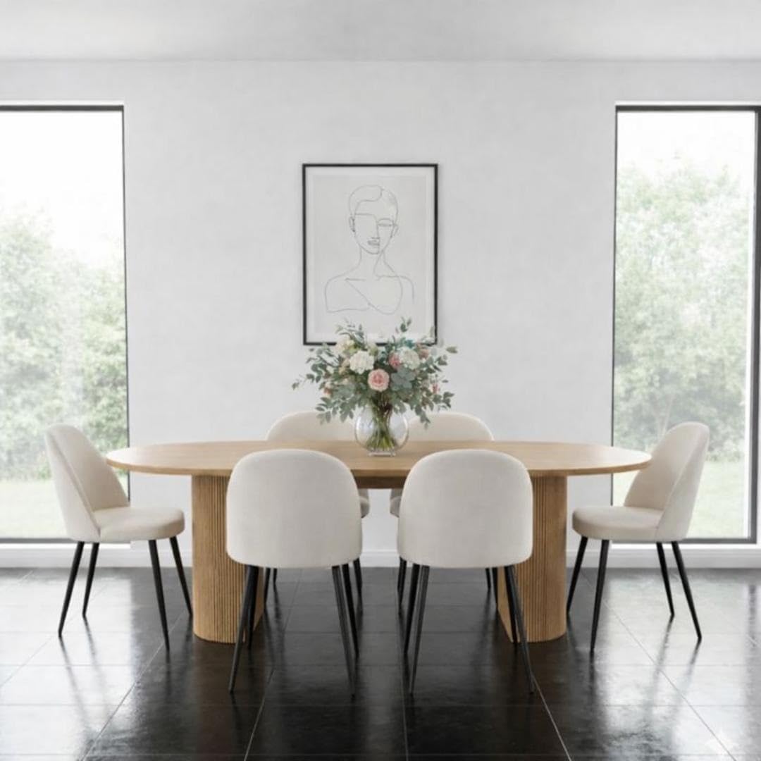 ebuy24 Kyoto Essgruppe – mit 6 Stühlen – Tisch 210 x 100 x 75 cm – Stühle Samt Creme – MDF, Papier, Formgespanntes Holz – Tisch Natur – skandinavisch-modern – stabil & alltagstauglich