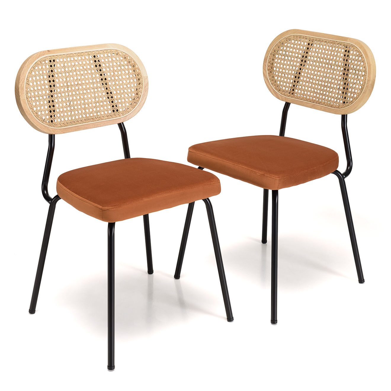 Macabane 2 Chaises velours dossier rotin Albane orange - 48x51x81.5 cm