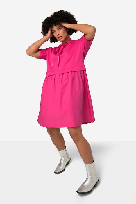 Kleid, oversized, Materialmix, Kapuze, Halbarm
