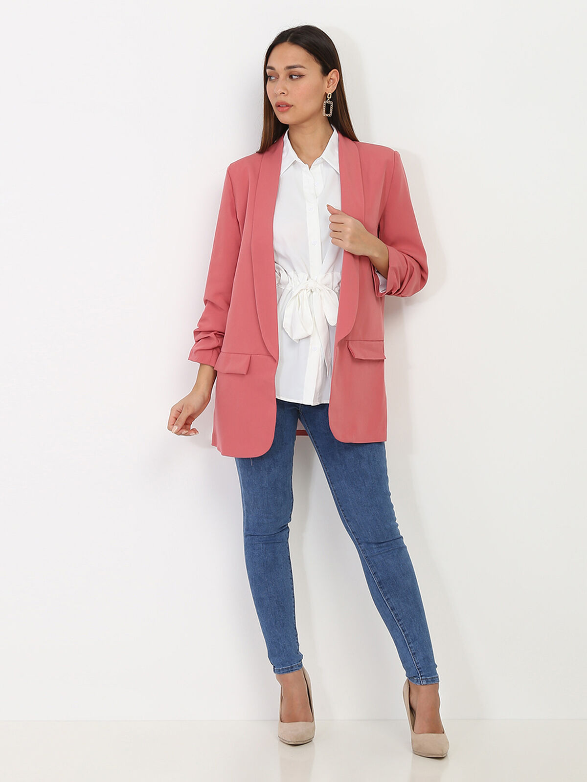 Veste blazer à manches retroussées- Corail
