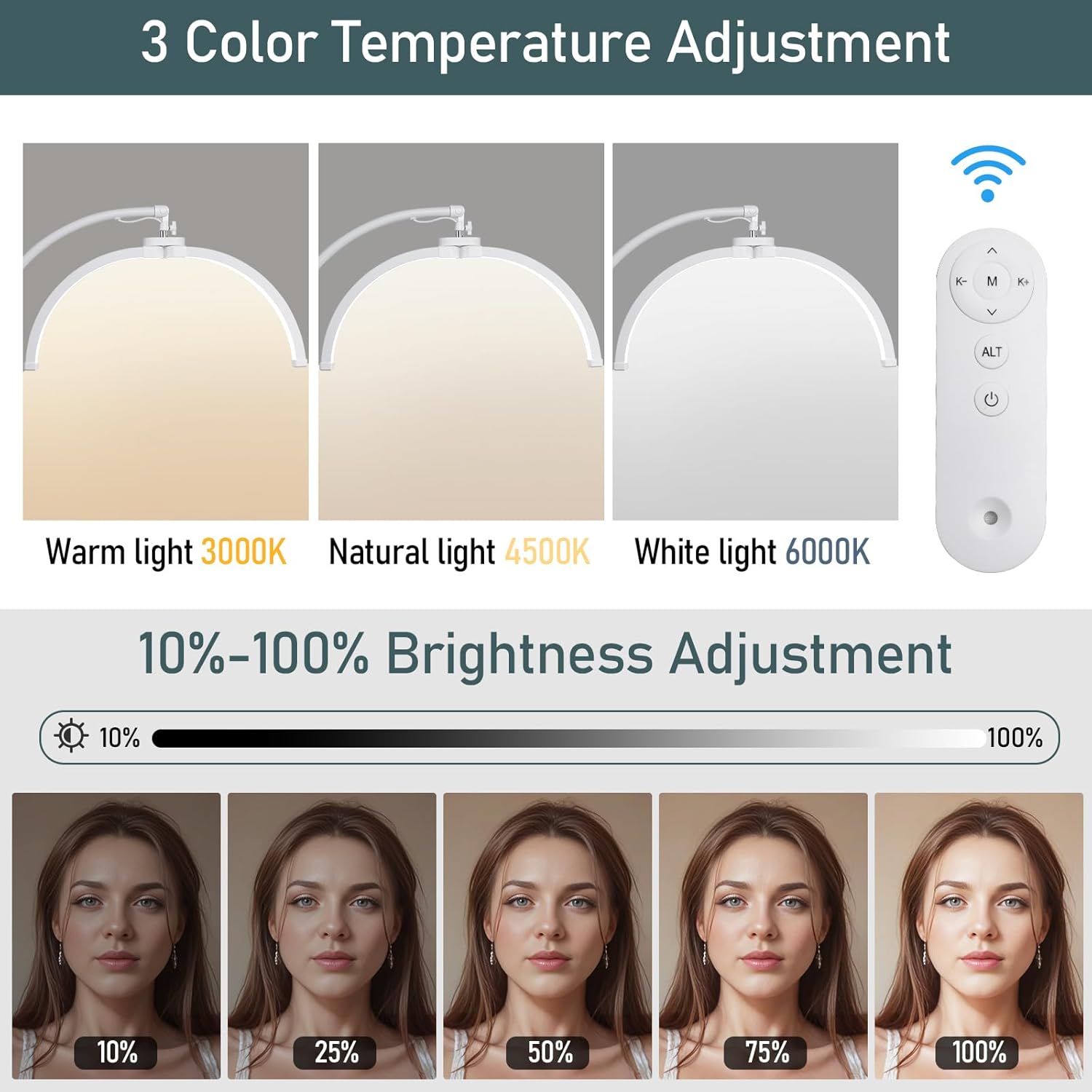 Halbmond Lampe für kosmetikstudio,wimpernverlängerung lampe mit Fernbedienung,LED wimpern lampes mit Telefonständer,3000K-6000K,Kopf verstellbar um 360 °,kosmetiklampe für Tattoo,Beauty,Maskenbildner