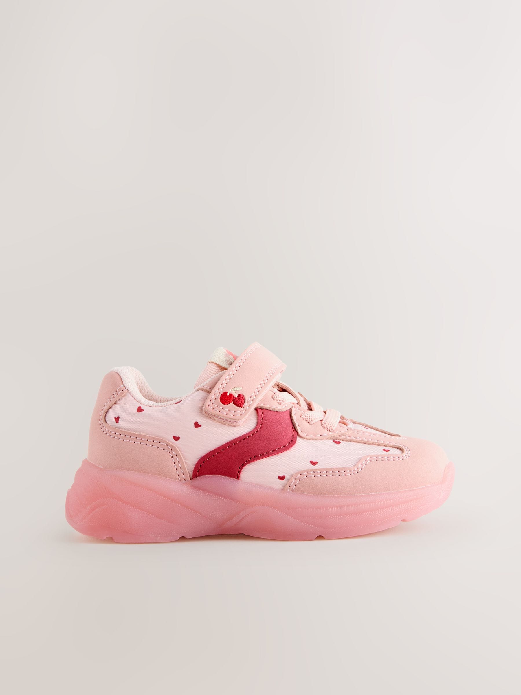 Roze met hartjesprint - Oplichtende sneakers met klittenbandsluiting en elastische veters