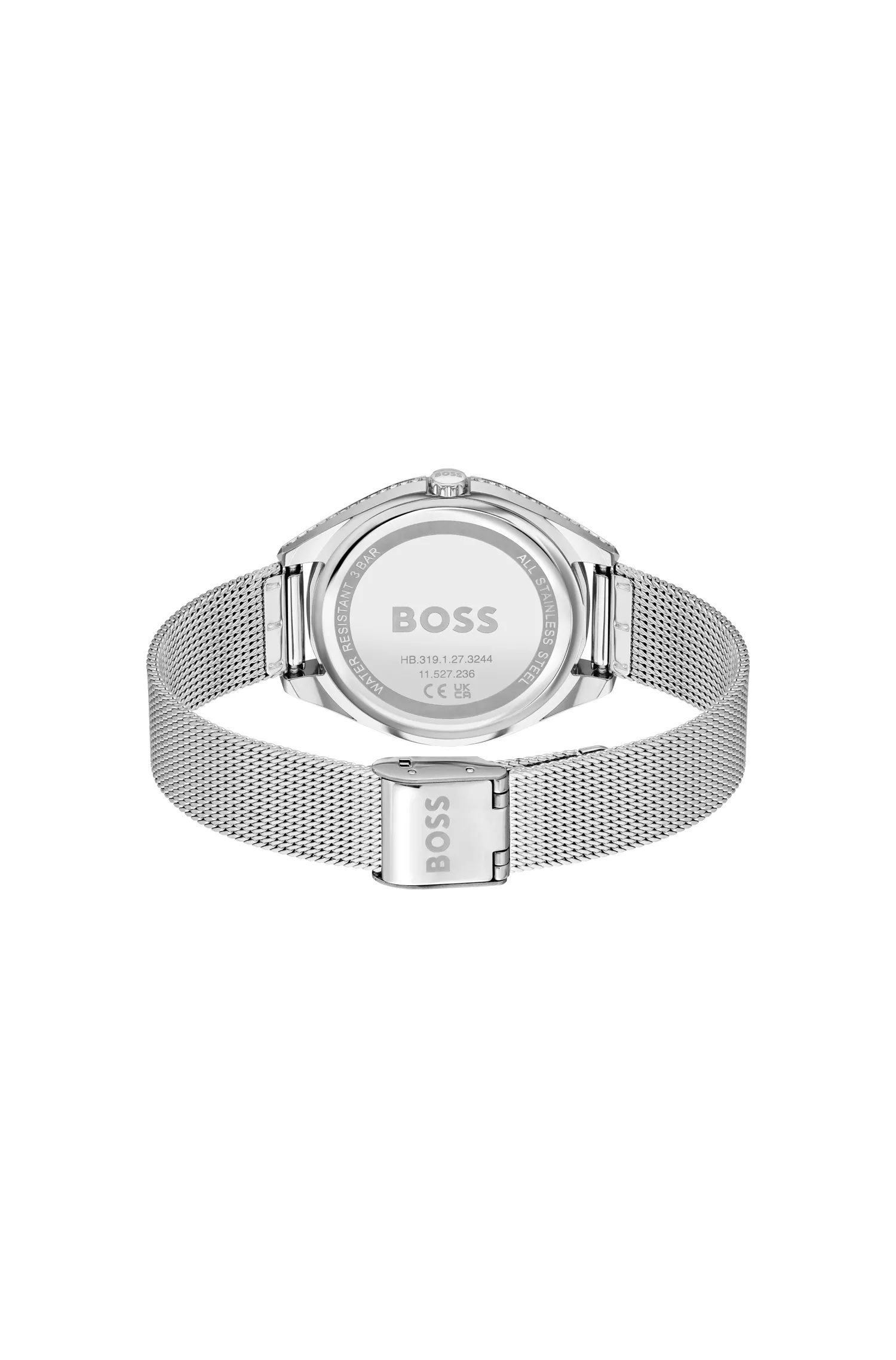 Relógio BOSS com mostrador preto e tom champanhe e pulseira de malha.