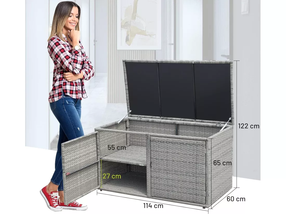 Coffre de Rangement Jardin 335L en Rotin et fibre naturelle PE, Charge Max. 120 kg, Cadre en Acier avec 2 Etagères 115 x 60 x 65 CMGris