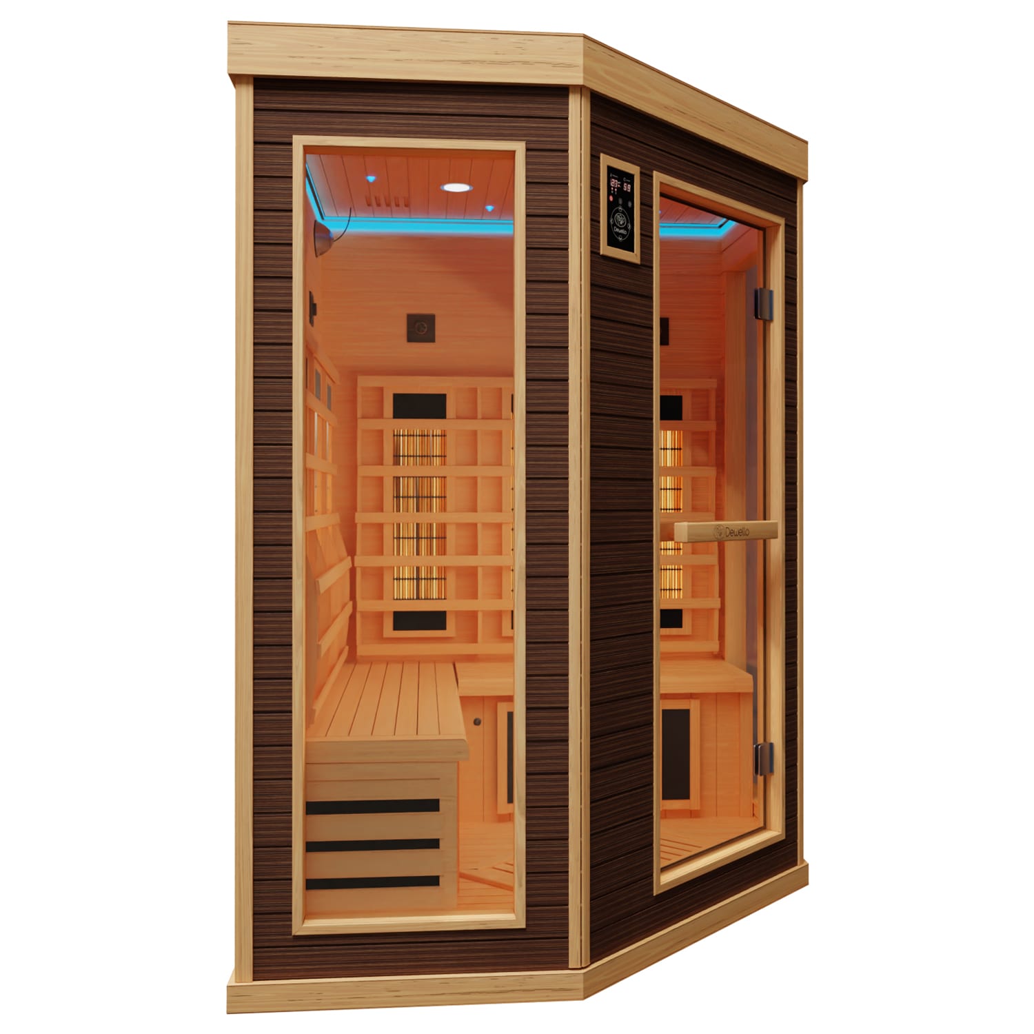 Dewello® Infrarotkabine Infrarotsauna MONTREAL 140cm x 140cm inkl. 6 Vollspektrumstrahler, 3 Karbonstrahler, Farblicht