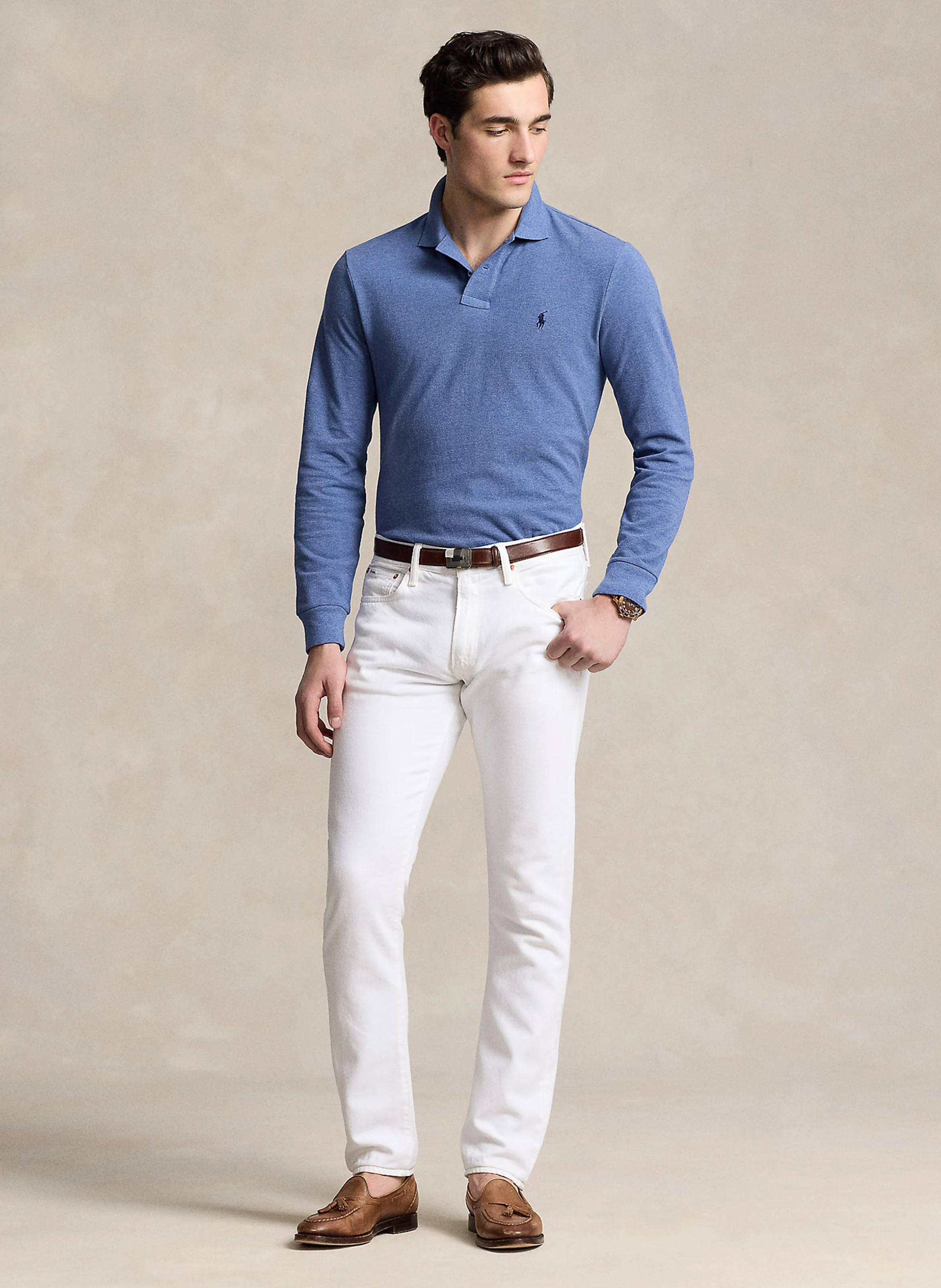 Polo manches longues regular-fit en piqué de coton | Bleu