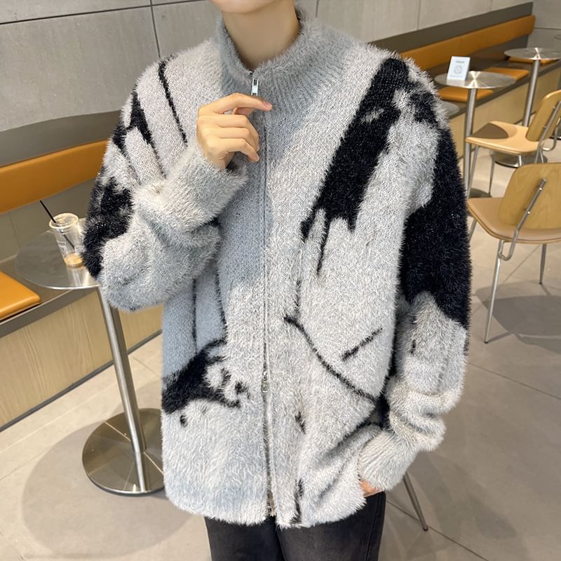 Hushgrain - Mock Neck Color Block Fluffy Zip Cardigan