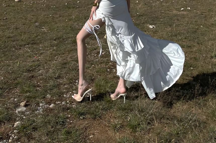 SisLinda - Halterjurk met ruches en asymmetrische maxi-kokerjurk