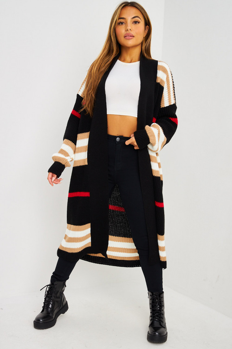 Gilet long noir en mailles à bandes