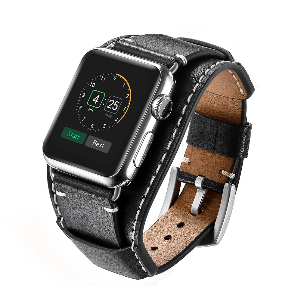 Apple Watch (49/46/45/44 mm) Modisches Manschetten Ersatz Echtleder Armband (Gelenkumfang: ca. 170-220mm) - Schwarz