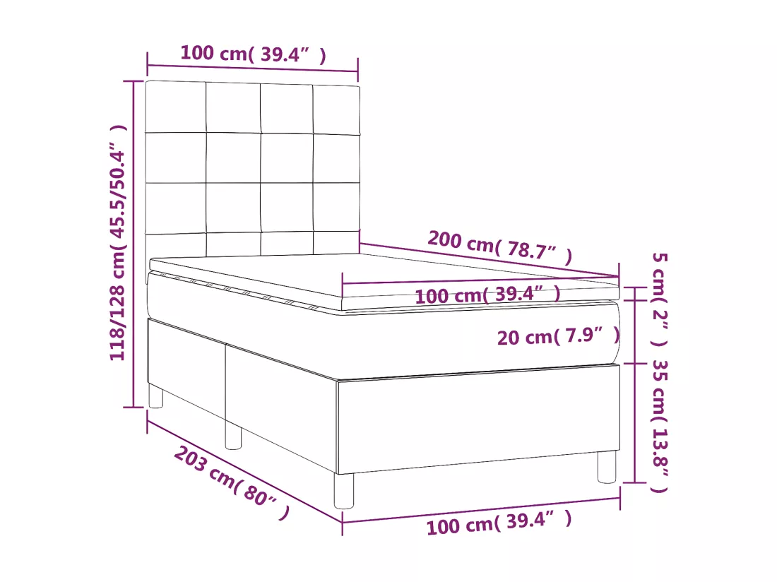 Sommier tapissier avec matelas et LED Crème 100x200 cm Tissu