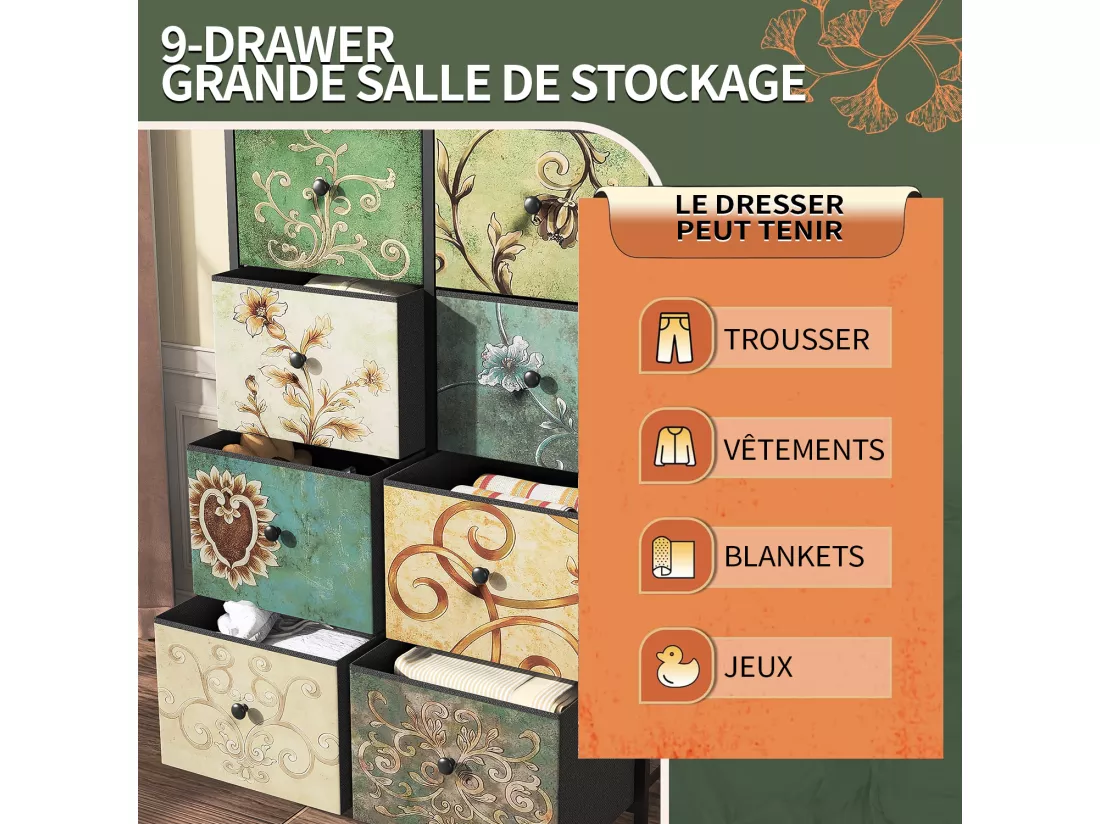 Commode 8 Tiroirs 67.5x30x100cm - Cadre en Métal, Tiroirs avec Poignées en tissu - Motifs Rétros - Noir