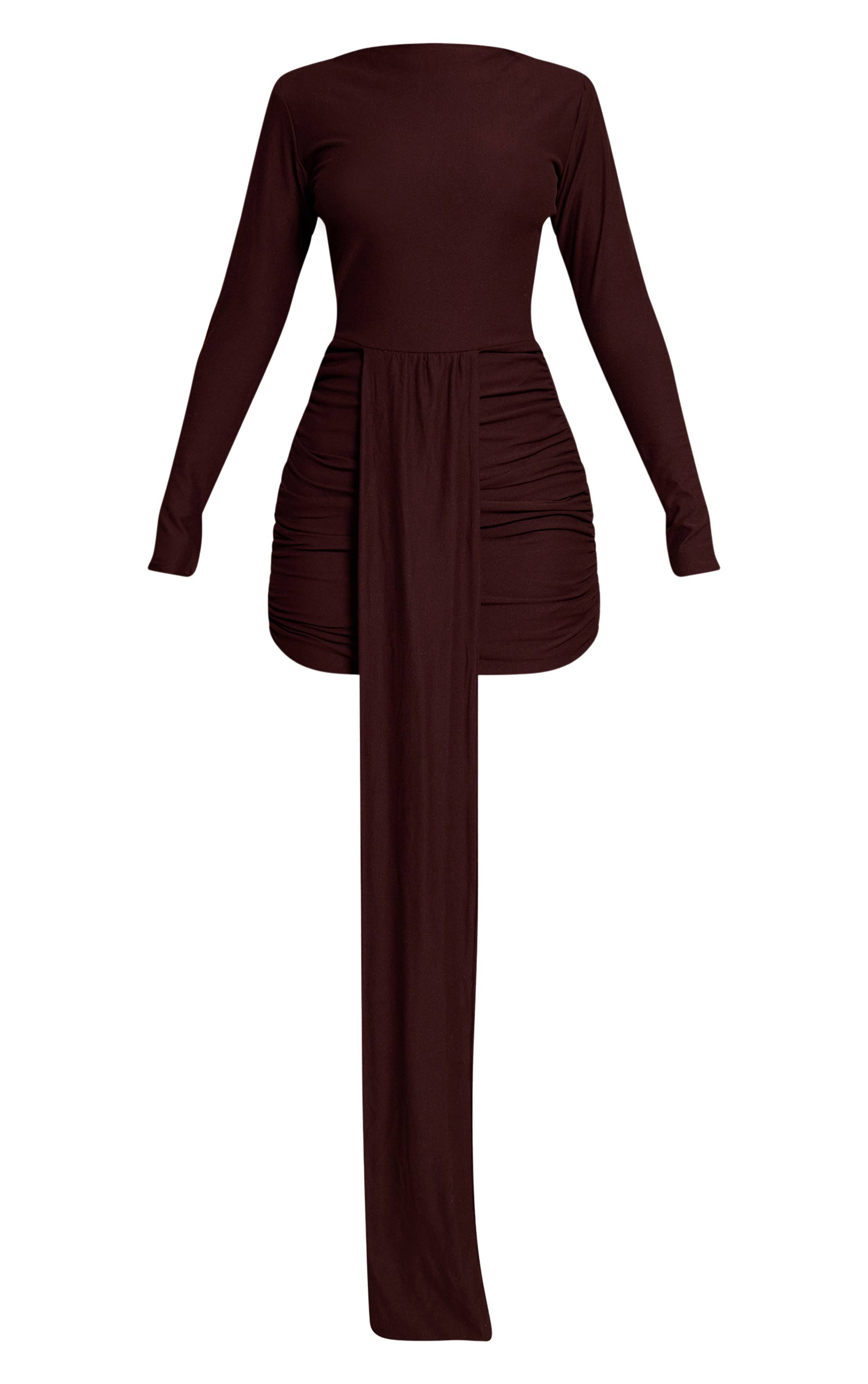 Chocolat Robe Moulante Petite À Manches Longues Avec Détails Froncés Et Drapés En Jersey Slinky