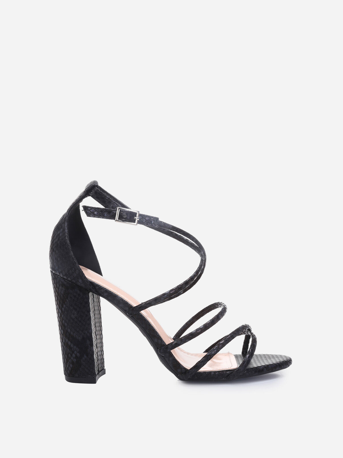 Sandales à talon carré façon python- Noir