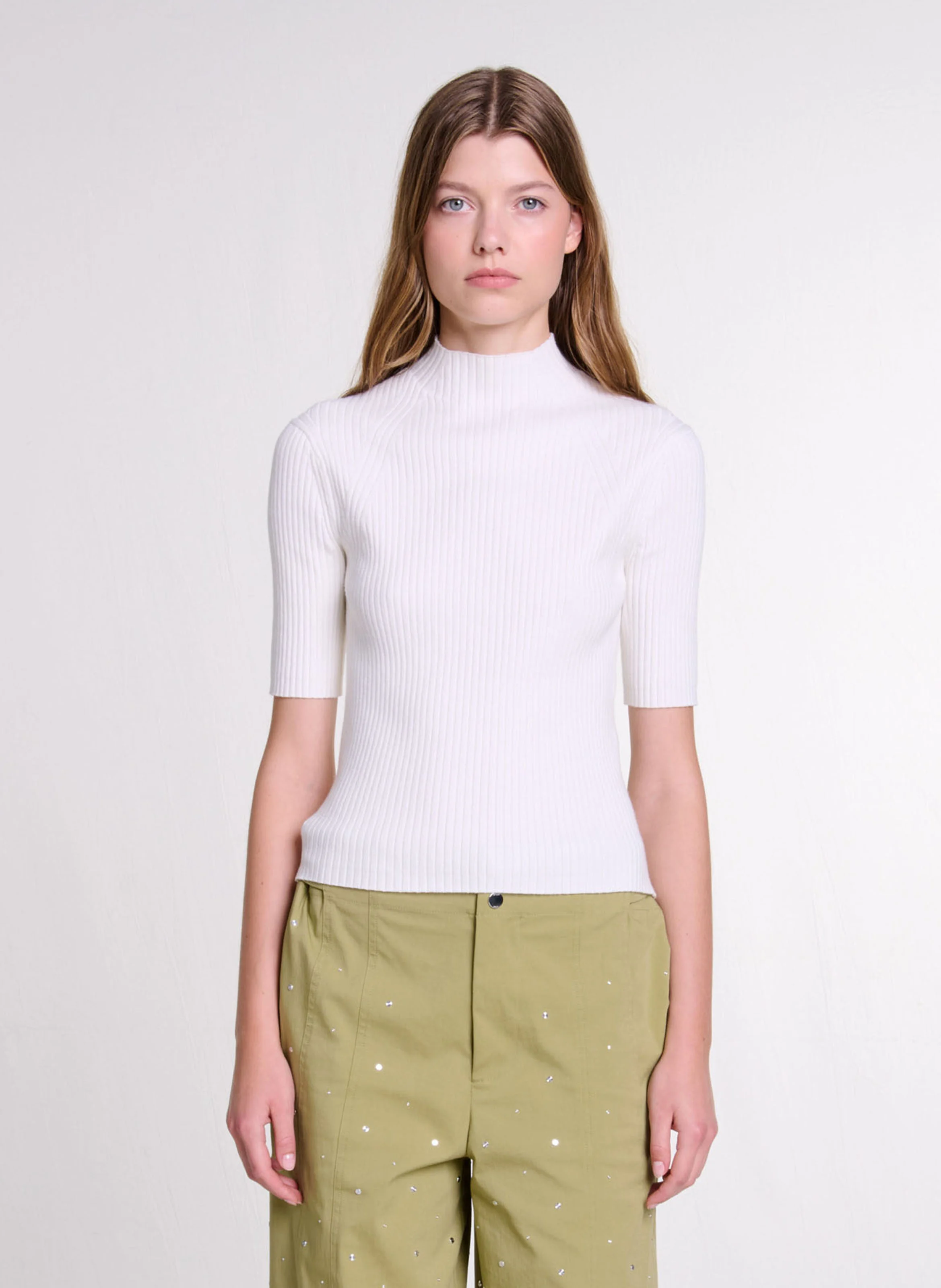 Top col rond en coton mélangé | Beige