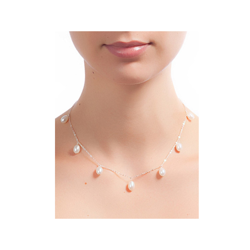 Collier Ras du cou Femme 7 Perles de culture d'eau douce Pendantes Blanc ou Noir et Argent 925/1000