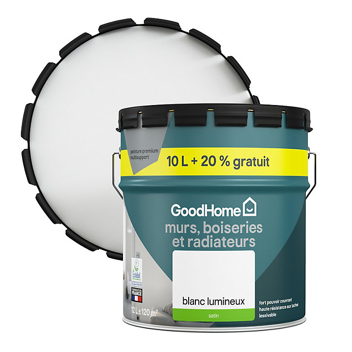 Peinture murs, boiseries et radiateurs haute résistance blanc satin GoodHome 10L + 20% gratuit