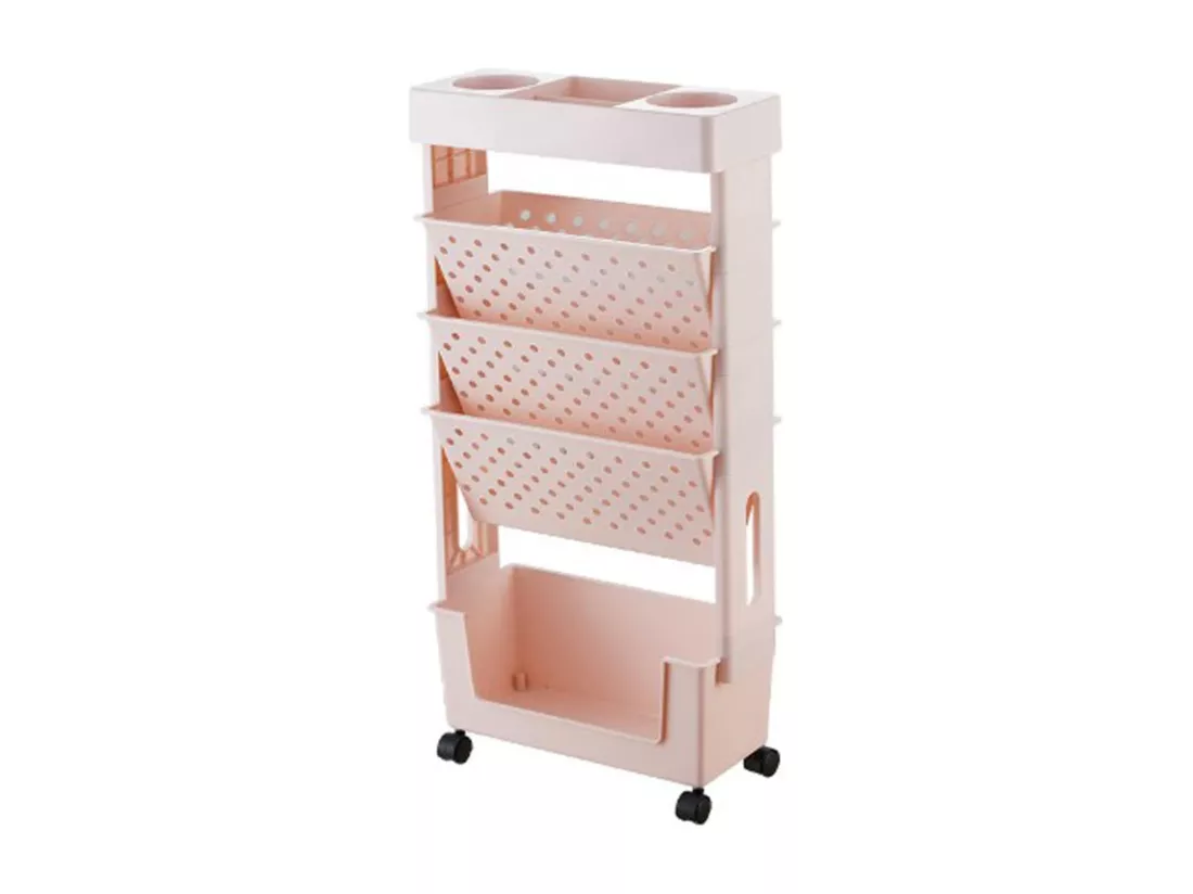 Bibliothèque Mobile à 5 niveaux, avec 4 roulettes, étagères de livre, 37.5x15x78cm, Rose
