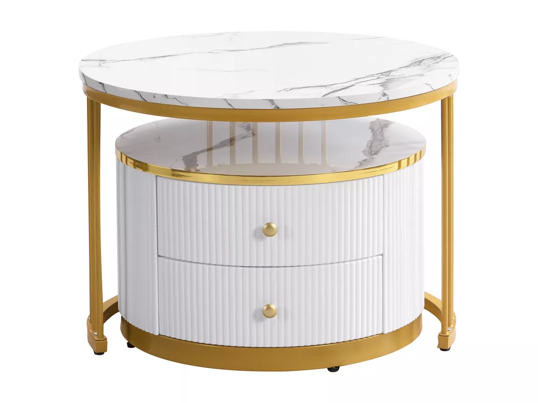 Lot de 2 tables gigognes - 2 tiroirs - plateau à motif de marbre - Blanc & Doré