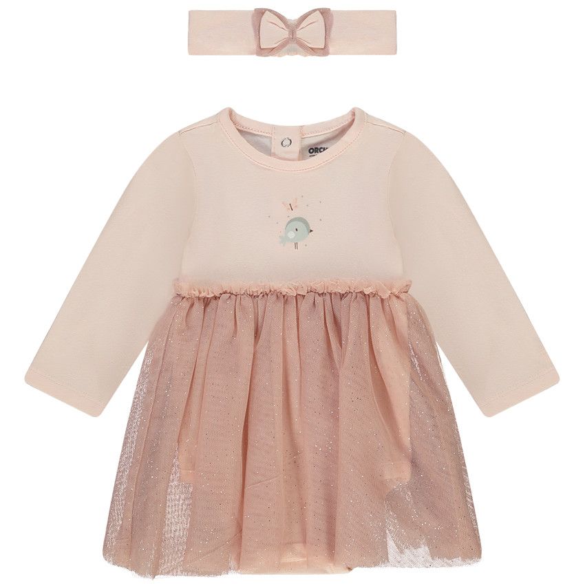 Ensemble robe body en tulle + bandeau pour bébé fille - Rose