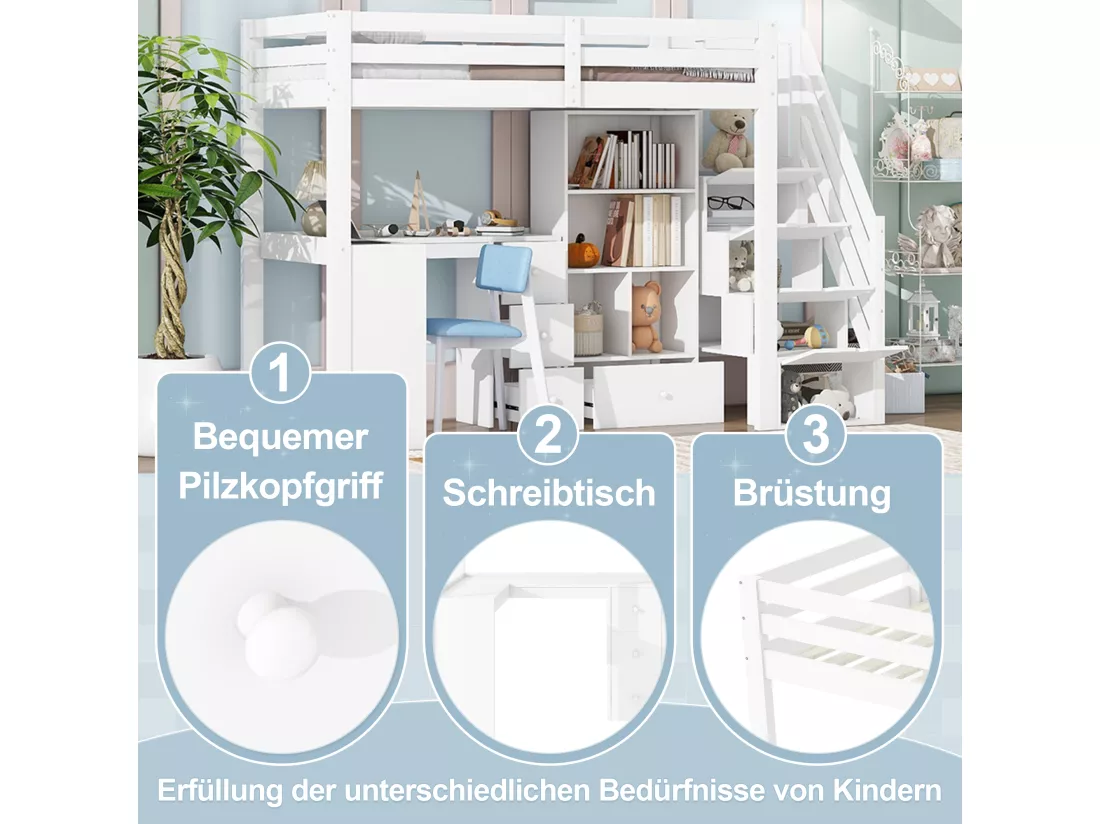 Lit mezzanine 90 x 200 cm avec Bureau, Tiroirs et Placard - Pin + MDF - Blanc (sans matelas)
