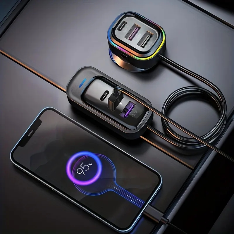 (1.5m) 66W/3.1A 2x USB C / 4x USB A Auto KFZ Ladegerät mit LED Beleuchtung - Schwarz
