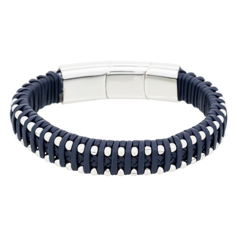 Bracelet Homme acier et cuir bleu marine 