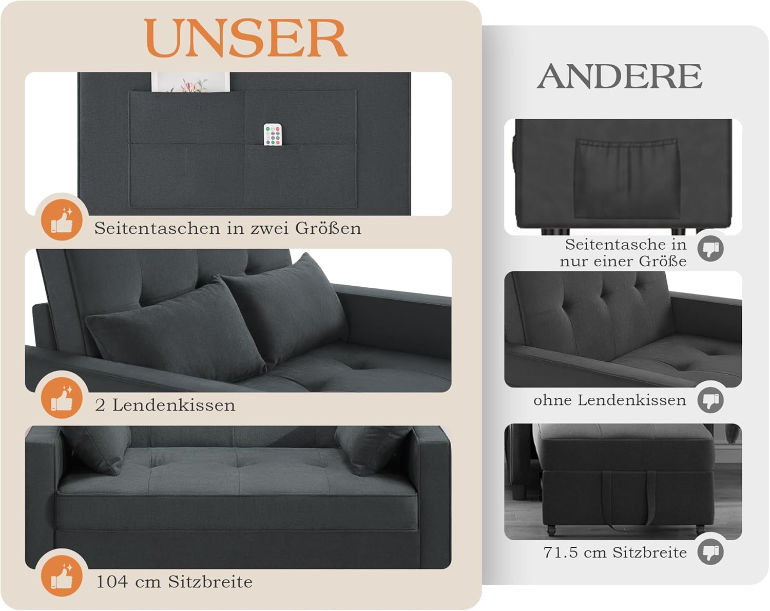 Schlafsofa 186 x 122 cm mit 5-stufig Verstellbarer Rückenlehne, 3-in-1 Schlafcouch mit Kissen und Seitentasche, graues Leinen-Sofa für Gästezimmer & kleine Räume