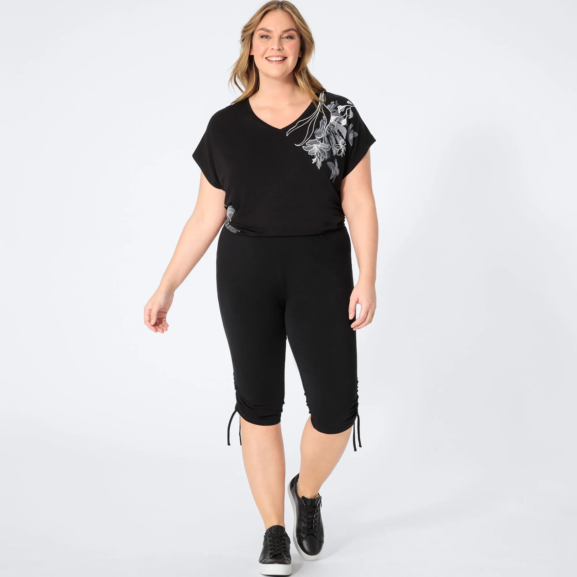 Damen-Caprileggings mit Raffung am Bein, große Größen