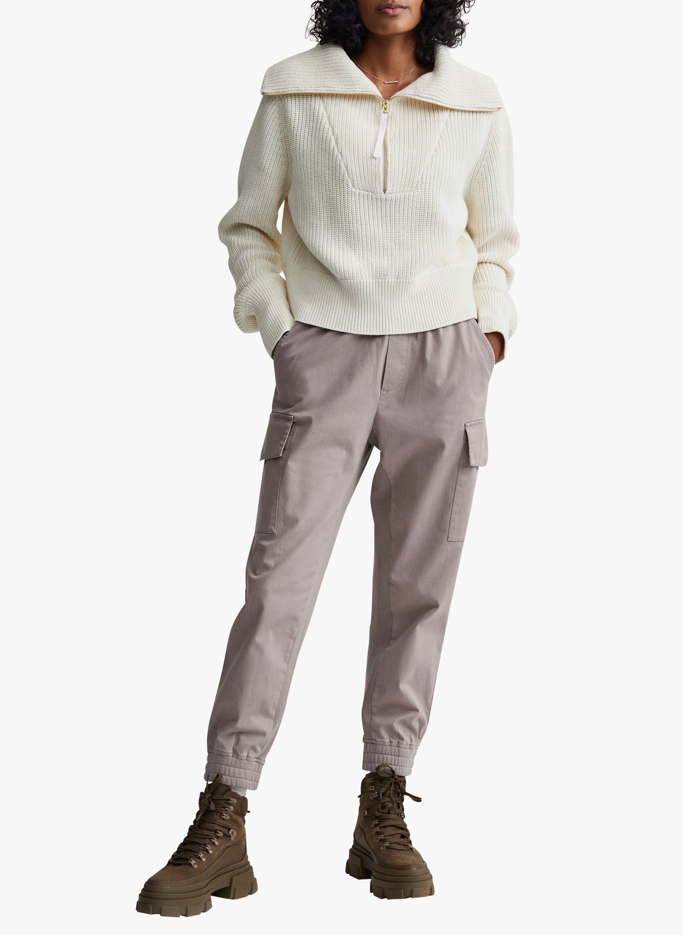 MENTONE - Pull col montant côtelé en coton| Beige