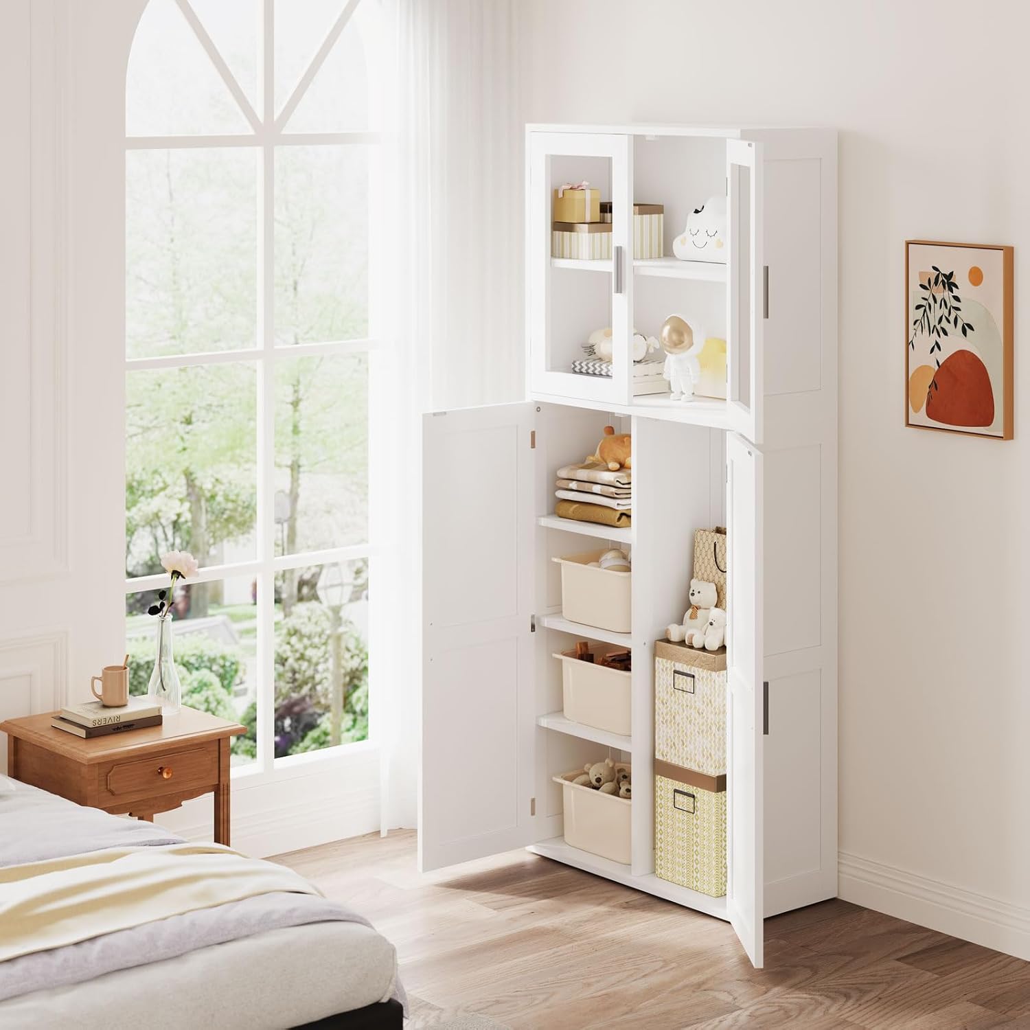 Besenschrank Mehrzweckschrank 168x30x70 cm Haushaltsschrank Putzschrank mit Sichtfenster aus Acryl aus Holz mit Verstellbarer Einlegeboden für Küche Wohnzimmer Esszimmer, weiß