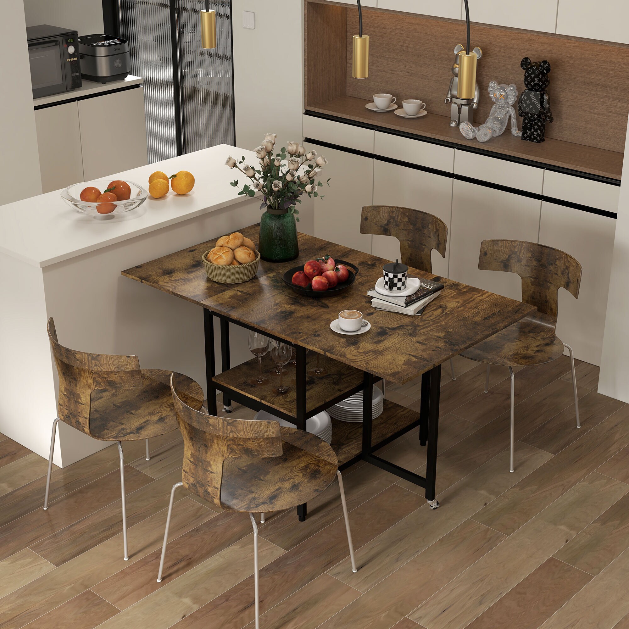 HOMCOM Klappesszimmertisch mit Rollen und 2 Ablageebenen braun 140L x 80B x 75H cm