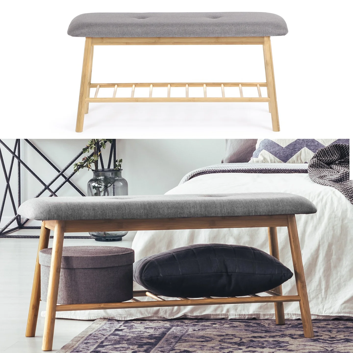 Banc d'entrée capitonné bambou RITA tissu gris clair
