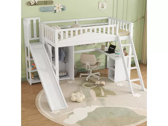 Lit mezzanine 90 x 200 cm avec bureau et toboggan, garde-robe - 5 étagères - Pin+MDF+contreplaqué - Blanc